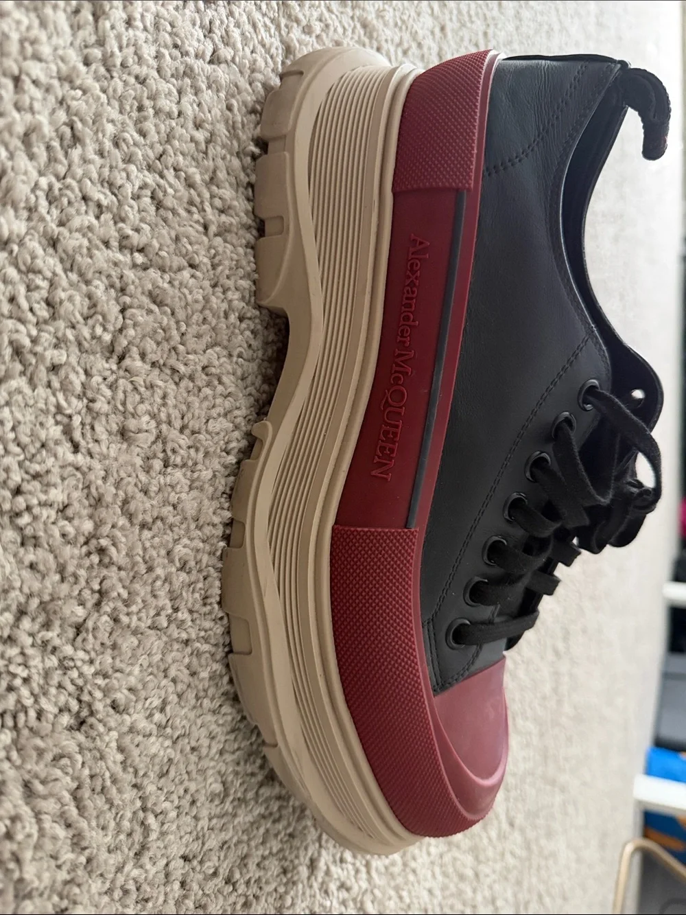 Alexander McQueen Black Leather Sneakers with Red Trim and Cream Platform